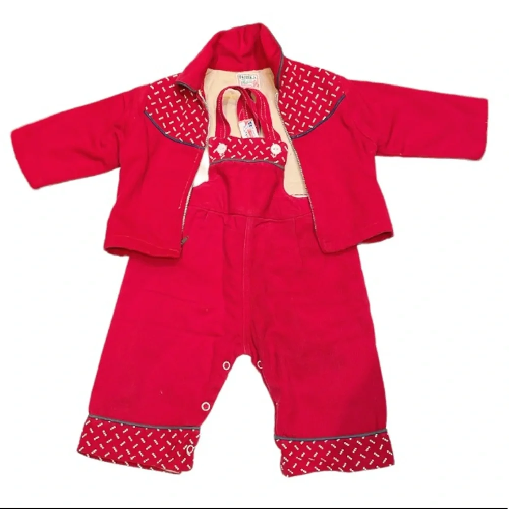 Vintage child’s red matching Christmas overalls and jacket set